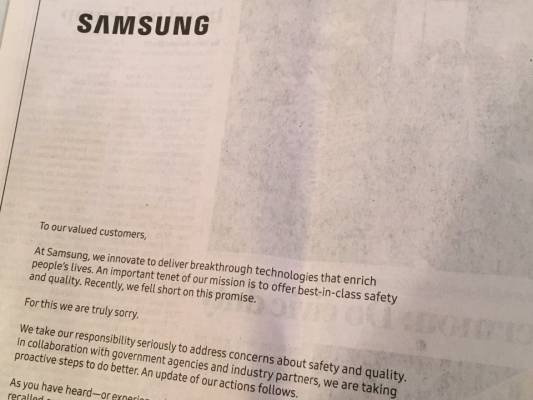 سامسونج تنشر اعتذارًا رسميًا عن “النوت 7” على أكبر 3 صحف أمريكية