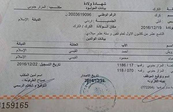 أردني يطلق اسم كرك على مولودته