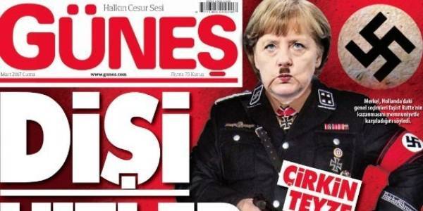 الخالة القبيحة تتصدَّر صحيفة تركية بشاربٍ وصليبٍ معقوف.. وهذه العبارات كُتبت إلى جانبها