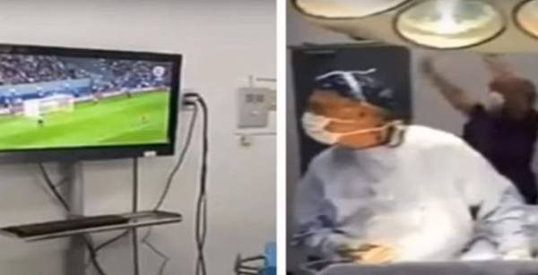 أطباء يتابعون مباراة كرة قدم أثناء إجراء عملية جراحية.. فيديو