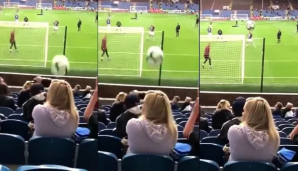 فيديو.. تسديدة تصيب رأس إحدى المشجعات