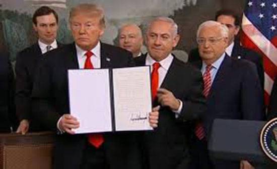 ترامب يوقع مرسوما يعترف بسيادة إسرائيل على الجولان