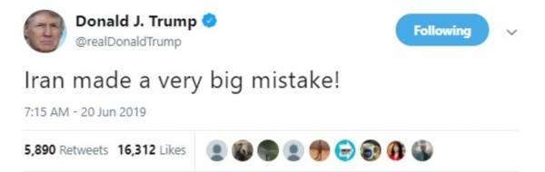 بعد إسقاط طائرة درون أمريكية.. ترامب:إيران ارتكبت خطأ كبيراً