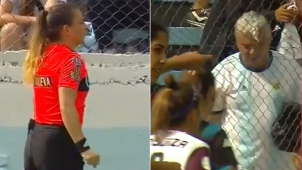 بالفيديو.. حكم امرأة تطرد مشجعا خارج أسوار الملعب بسبب....؟