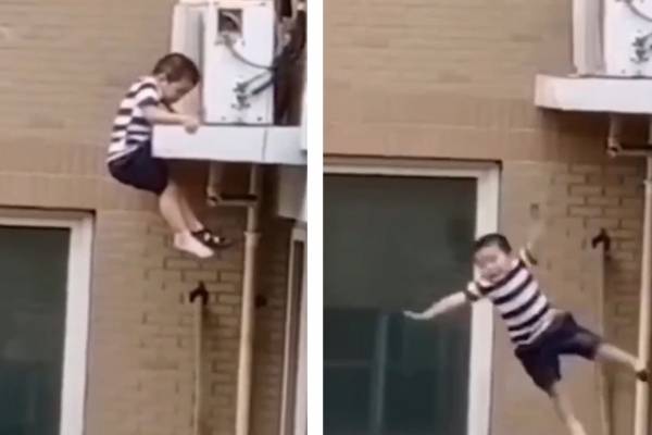 شاهد.. طفل يسقط من الطابق الخامس فينجو بأعجوبة