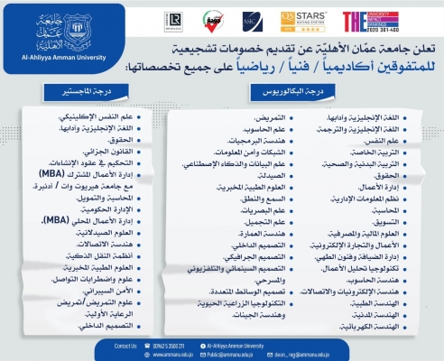 عمان الأهلية  تعلن عن تقديم خصومات تشجيعية للمتفوقين (أكاديمياً  فنياً  رياضياً) على جميع تخصصاتها