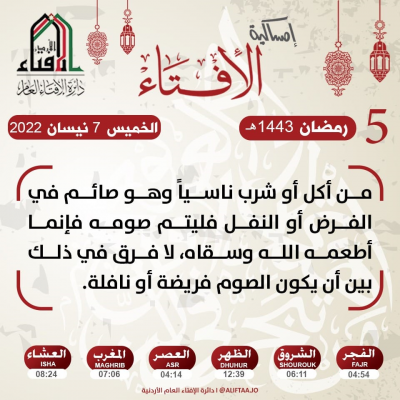 حكم من أكل أو شرب ناسياً وهو صائم