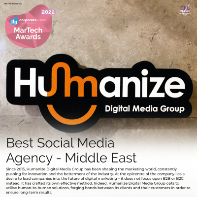 مجموعة “Humanize” تفوز بجائزة أفضل وكالة لإدارة مواقع التواصل الاجتماعي على مستوى الشرق الأوسط لعام 2022