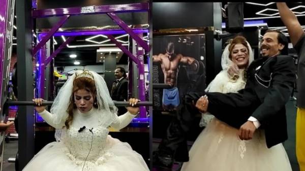 حملت عريسها بيد واحدة.. مصرية تحتفل بزفافها في صالة رفع الأثقال (فيديو+ صور)