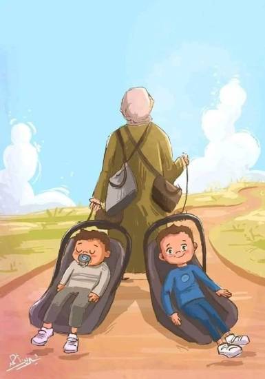 الأم البطلة تسحب طفليها 5 ساعات متواصلة في رحلة نزوح قاسية