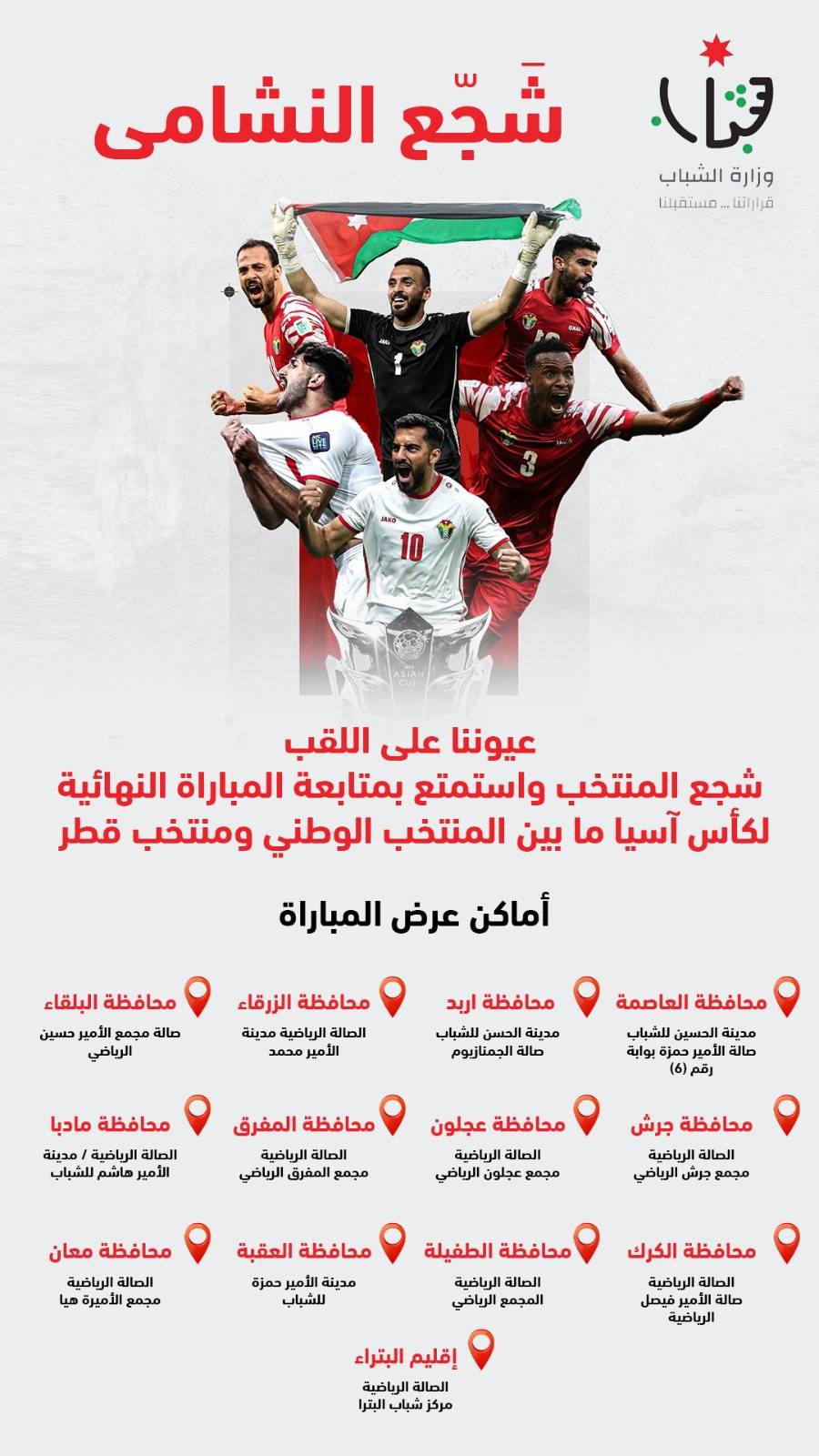 وزارة الشباب تخصص مواقع لنقل مباراة النشامى وقطر