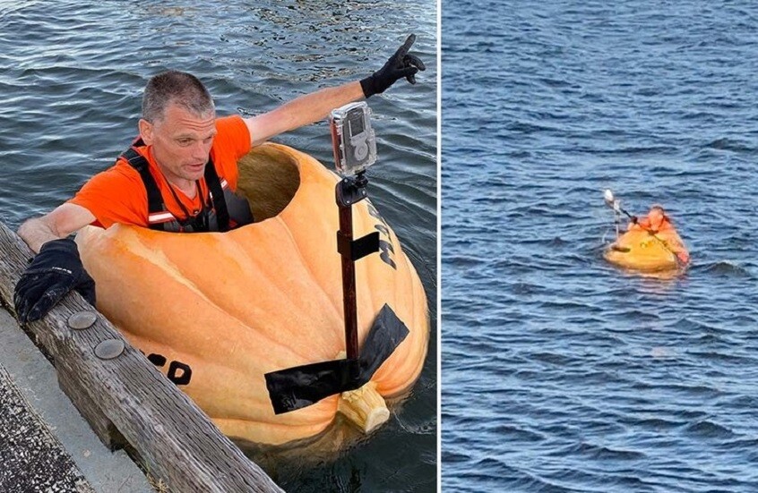 رحلة في يقطينة عملاقة.. أمريكي يقطع 95 كيلومترا في نهر كولومبيا!