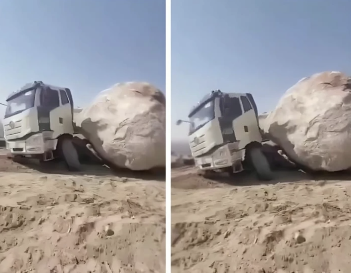 صخرة ضخمة تهوي على شاحنة في جبال مكة ونجاة سائقها بمعجزة