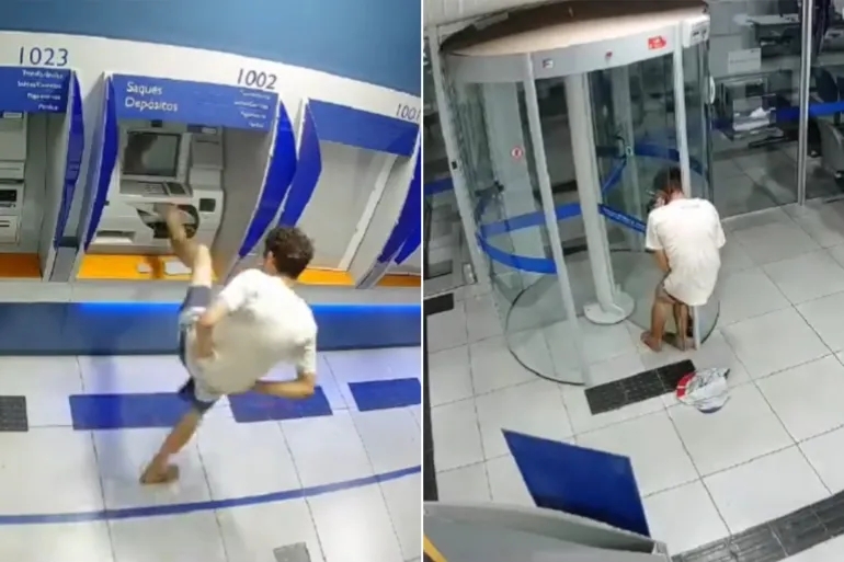 محاولة سرقة كوميدية.. لص يعلق في الباب الدوّار قبل القبض عليه